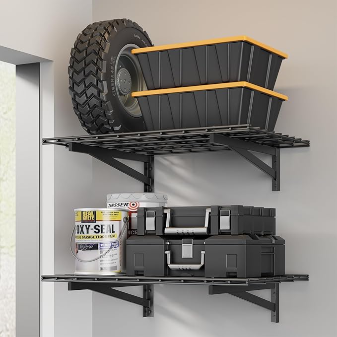 2 Pack Heavy Duty Garage Wall Shelving Set, 2x3ft, Black, Wall Mounted, Traditional Style, 2 Shelves, 500lbs Capacity