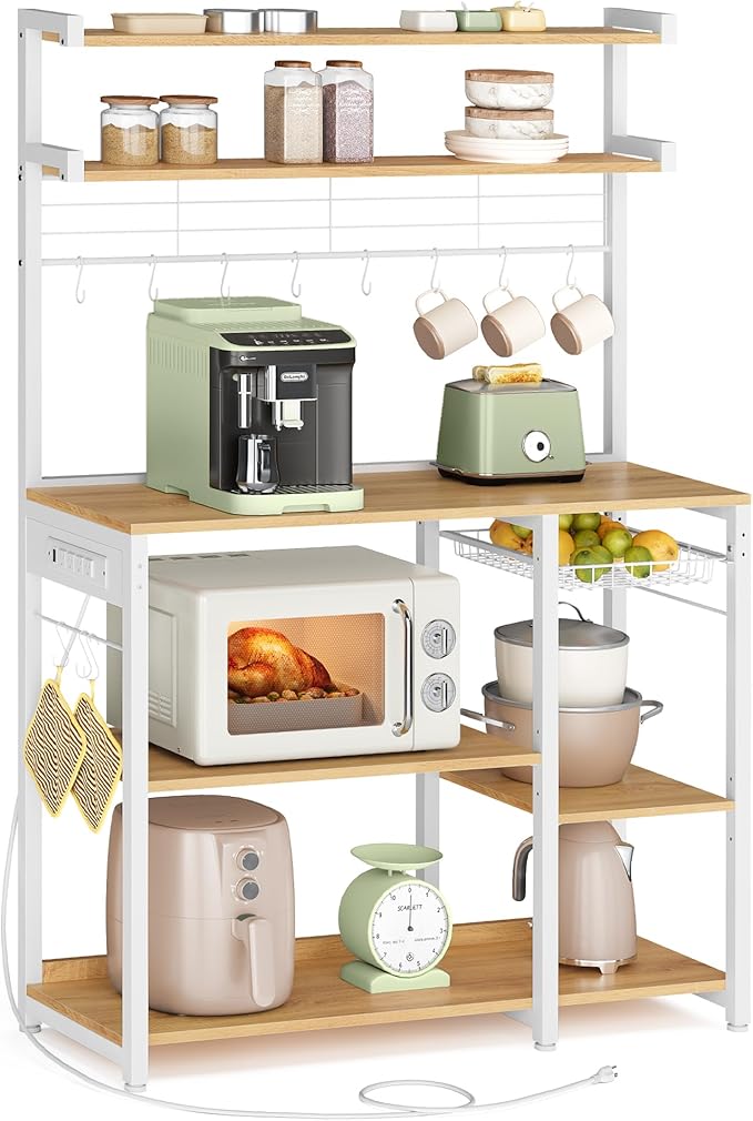 VASAGLE Bakers Rack with Power Outlet, 35.4 Inches Microwave Stand, Coffee Bar, 4 AC Outlets, with Adjustable Shelves, 8 S-Hooks, Basket, Spice Racks, Golden Oak and Cloud White UKKS031Y09