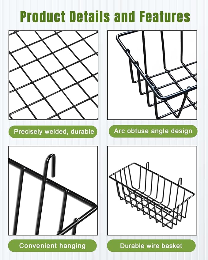 3 Pack Wall Basket, Hanging Wire Basket for Wall Grid Panel, Metal Hanging Baskets for Organizing, Wire Wall Baskets for Storage, Home Decor, Grid Wall Accessories