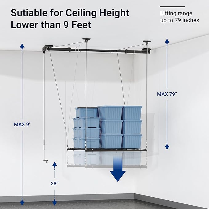 FLEXIMOUNTS Garage Lifting Metal Rack, 4x4 Ft Overhead Garage Storage Racks, Adjustable Heavy-Duty Ceiling Organization System, 300lbs Weight, Satin Black