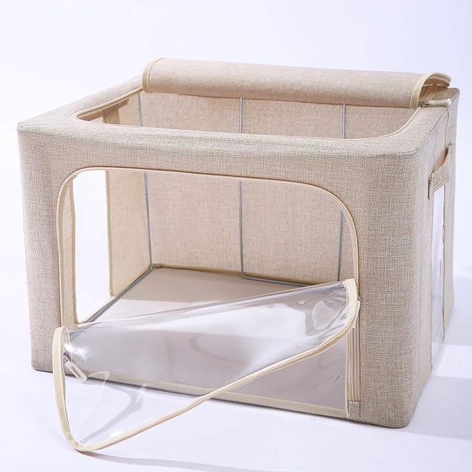 CYhom 3Pack Foldable Storage Bins - Frame Storage Box Linen Fabric Stackable Clothes Container Organizer with Clear Window & Carry Handles Large Capacity (Large-66L, Beige)