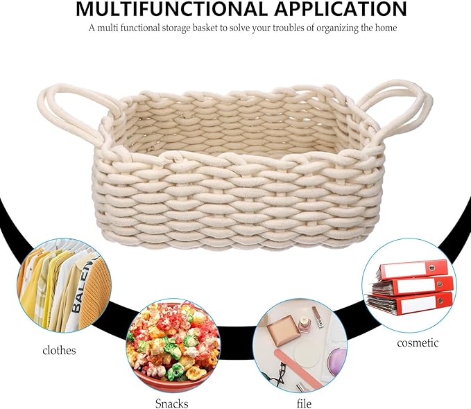 Uonlytech Decorative Cotton Storage Basket with Handle for Nursery and Snacks Large Woven Organizer for Home Multifunctional Storage Bin for Pantry Bedroom and Craft