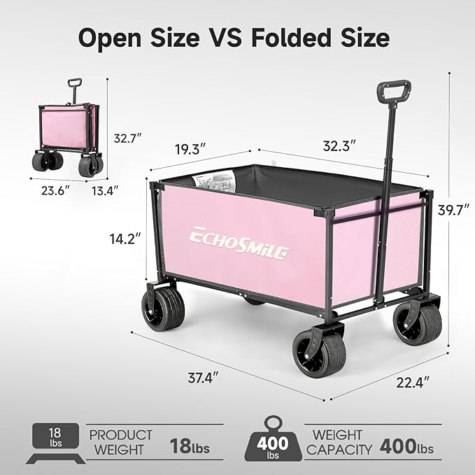EchoSmile Collapsible Wagon Cart for Camping & Beach - Heavy Duty 400lbs Capacity All-Terrain Cart with Wide Wheels, Portable Folding Utility Wagon for Grocery, Garden, Sports,Pink&Gray