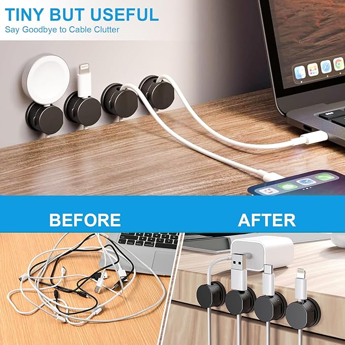 6pcs Magnetic Cord Organizer, 360° Swiveling Adhesive Cable Clips - Compact Cord Holder for Nightstand, Desk, Car, Kitchen & Home Office - Charger Holder Management Solution by MarLigavid (Black)