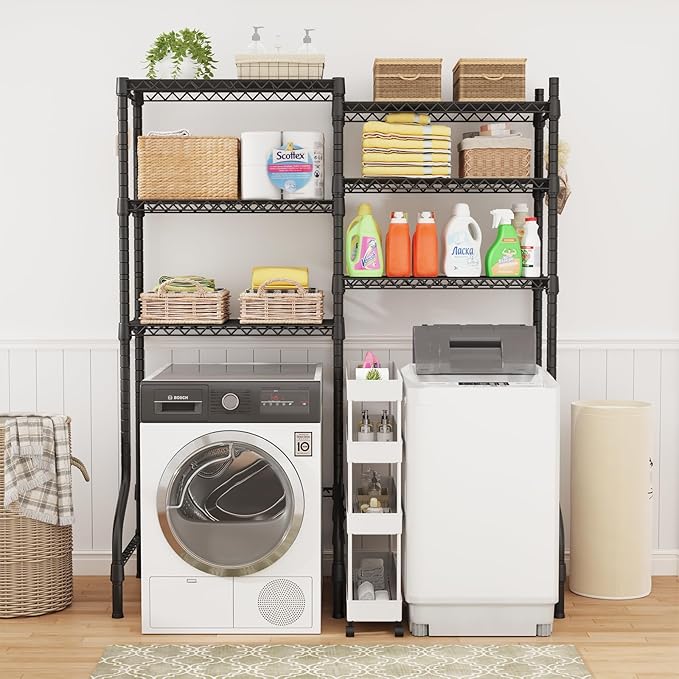 U15 Over Washer and Dryer Storage Shelves, Laundry Above Washer Dryer Storage Rack Space Saver, 6-Tier Wire Shelf with 4 Hooks for Organization, 63.4"W x 17.3"D x 76.4"H, Holds 568lbs, Black