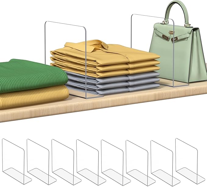 Shelf Dividers for Closet Organization: 8 Pack 10" Tall X 8.4" Deep Acrylic Clear Vertical Shelves Separators - Adhesive Adjustable Easy to Install Remove - Handbags/Clothes/Towel Storage