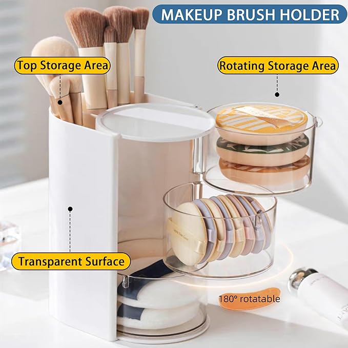 Hair Accessories Organizer with Hair Brush Holder, Rotatable Makeup Brush Holder for Necklaces, Earring, Bracelet, Ring, Makeup Brushes, Hair Clip and Hair Accessories (White, 3-Layer)