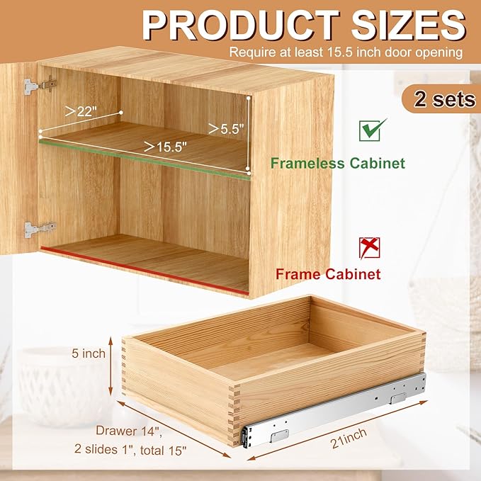 Menkxi 2 Set Pull out Tray Cabinet Organizer Wooden Pull Drawers storage Slide out Pantry Shelf for Base Cabinet Kitchen Gentle Close Fully Assembled Accessories(Wood Color,15'' X 21'' X 5'')