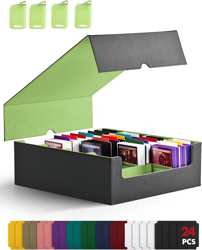 ZLCA Card Storage Box for MTG PTCG, Commander Deck Box Holds 3200+ Cards, Trading Card Storage Case with 4 Stoppers, Card Organizer for TCG Sport Cards(Black&Green)