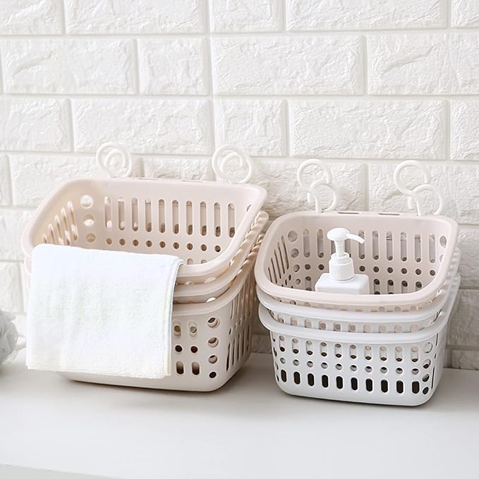 3PCS Plastic Hanging Baskets for Shower, Hanging Basket Organizer with Hooks, Rectangle 8.5Inches Small Hanging Storage Basket (Beige)