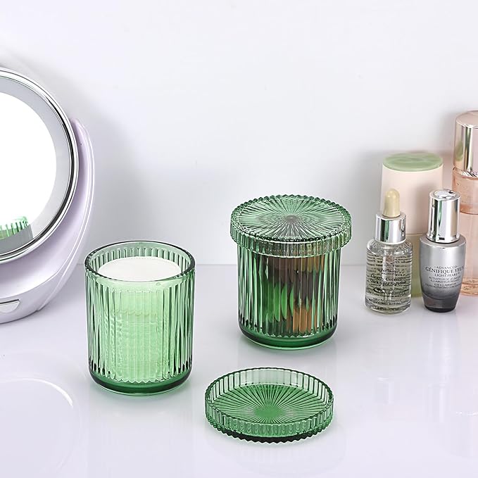 2 Pack Glass Qtip Holder with Lid, Qtip Dispenser Bathroom Storage Jars- Glass Apothecary Jars for Cotton Ball, Swab, Pads, Floss Picks, Bathroom Accessories Organization and Vanity Organizer(Green)