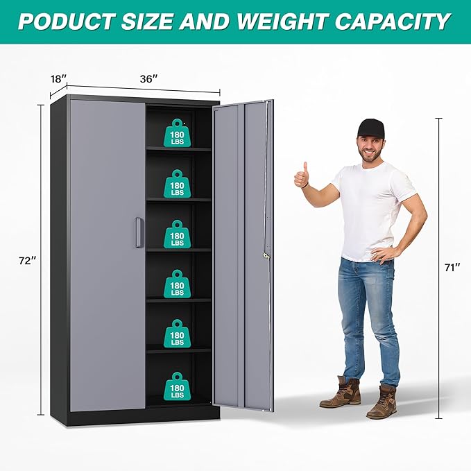 SISESOL Wide & Deep Metal Storage Cabinet with 5 Adjustable Shelf,72" Tall Garage Storage Cabinet with Lock,Metal Cabinets with Locking Doors,Lockable Steel Cabinets for Home,Office,Garage Locker