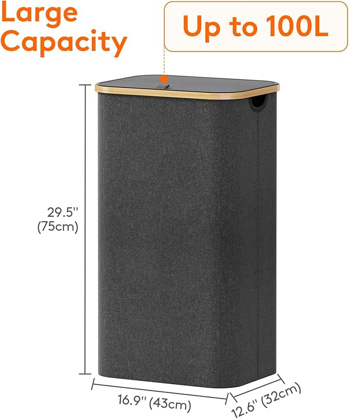 Lifewit 100L Laundry Basket with Lid, Clothes Hampers for Laundry with Bamboo Handles and A Removable Bag, Large Foldable Laundry Hamper for Bedroom, Bathroom, Dorm, Laundry Room, Dark Gray