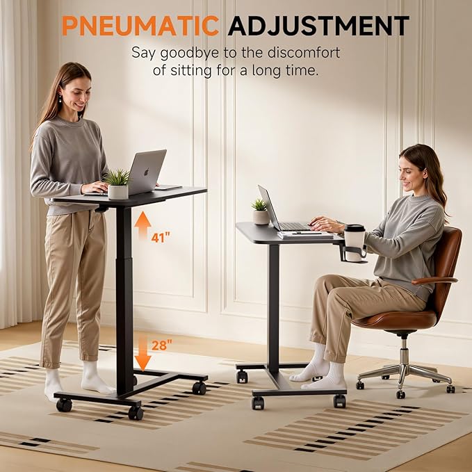 COMHOMA Adjustable Overbed Bedside Table with Lockable Wheels, Pneumatic Mobile Standing Laptop Desk, Small Standing Desk Portable Rolling Overbed Table Hospital Home Use(28" W x 16" D, Black)