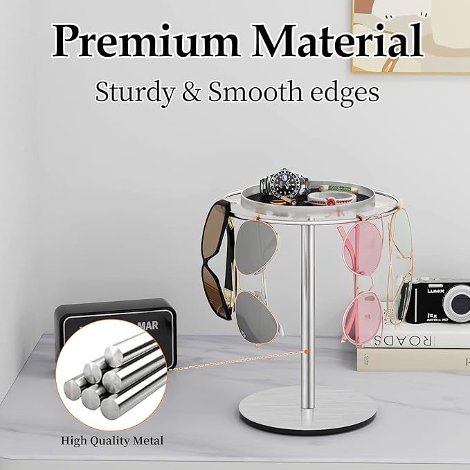 LSK Metal Sunglasses Organizer, Glasses Holder Stand with Storgae Tray, Eyeglasses Holder with Anti-Slip Pads for Tabletop, Desk, Dresser, Brushed Nickel