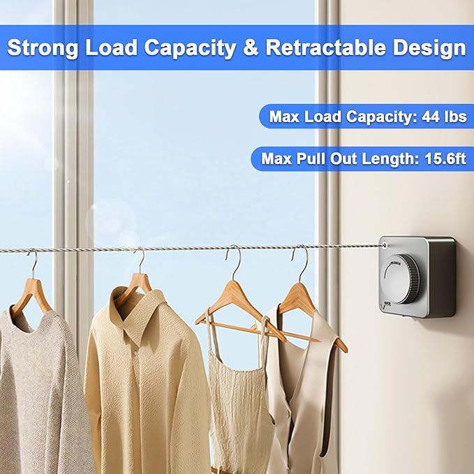 Retractable Clothesline Indoor, Non-Sagging Outdoor Clothes Drying Line Retracting Heavy Duty Clothes Drying Laundry Line Wall Mounted Stainless Steel Line - 15.6 Feet (Square Gray)