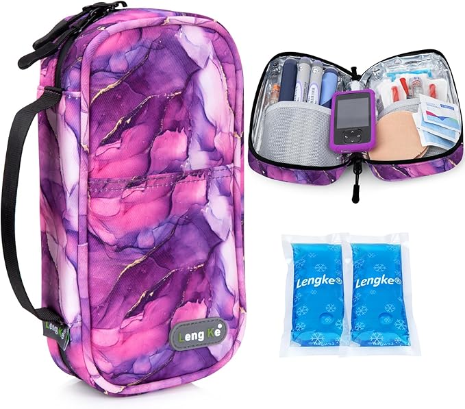 YOUSHARES Insulin Cooler Travel Case - Travel Medicine Cooler Bag for Insulin and Diabetes Supplies Travel, Insulin Case with 2 TSA Approved Gel Ice Pack (Marble Purple)