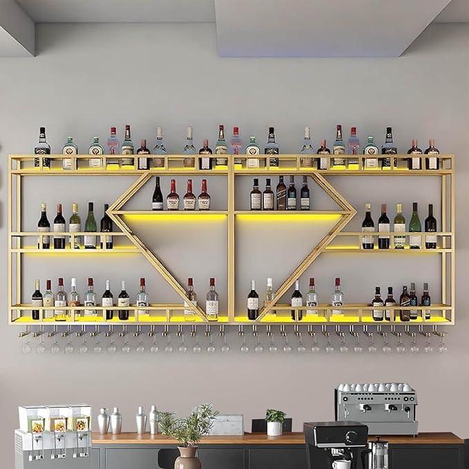 63in Large Wall Mounted Wine Rack 3 Tier Metal Wine Bottle Holder Modern Diamond Design Floating Bar Liquor Bottles Storage Rack for Home Restaurant Bar Decorative (Gold, 3 Tier - 63in)