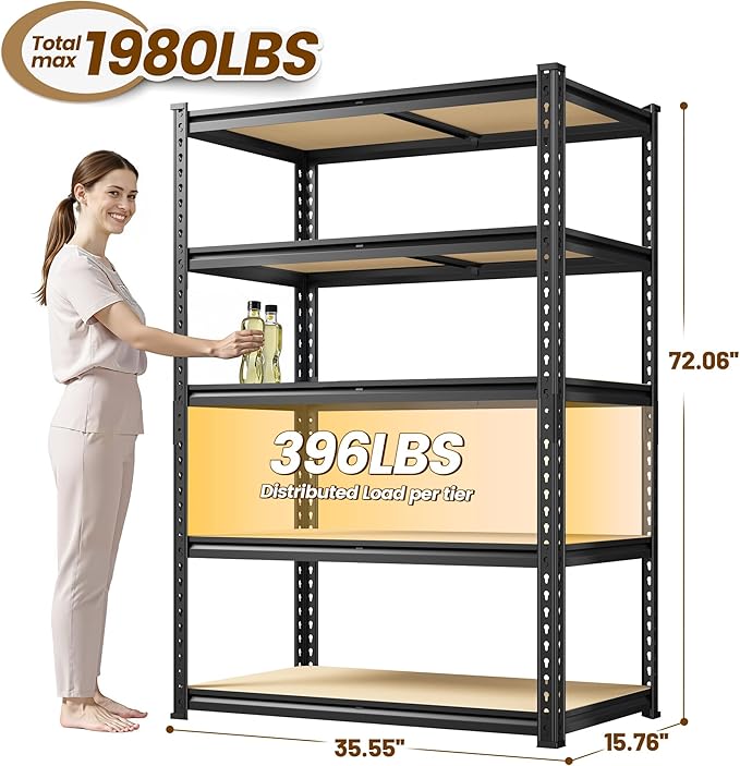 5-Tier Storage Shelves, 1980LBS Adjustable Pantry Shelves, Metal Shelving Unit for Storage, Kitchen, Pantry, Closet, Laundry, Garage, 72.06" H x 35.55" W x 15.76" D