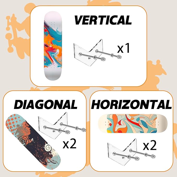 6 Packs Skateboard Wall Mount with Installation Screws Acrylic Floating Skate Deck Stand Skateboard Wall Hanger to Store and Display Long Boards Snowboards