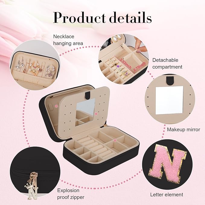 TopPerfekt Travel Jewelry Case, Jewelry Box with Mirror, Jewelry Organizer Bridal Shower Gifts to Her, Earring Storage Travel Case, Trendy Gift for Women and Girls, Girlfriend-Letter N, Black
