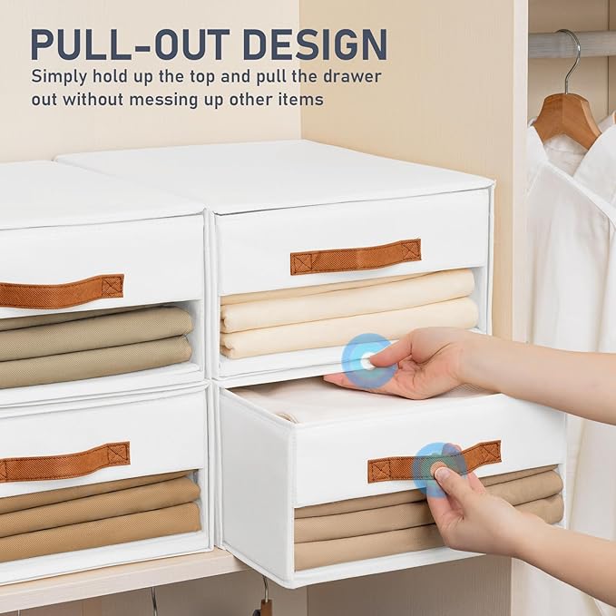 DIMJ Closet Organizers and Storage - Fabric Bins with Drawers for Closet Foldable Clothes Organizers with Clear Window, Stackable Storage Drawers Units for Bedroom, Living Room, 4-Pack, White