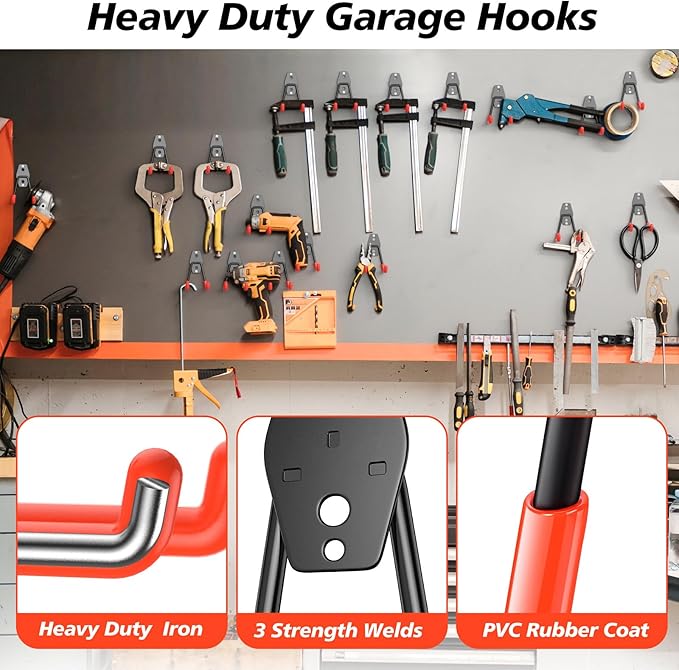 4 Pack Heavy Duty Garage Hooks,Solid Steel Wall Mount Hangers,with Anti-Slip Coating,for Hanging and Organising Ladder,Bike,Ropes,Broom,Garden,Yard and Power Tools(4.5x2.75 inch)