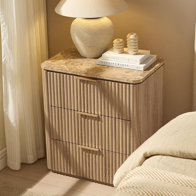 Fluted Nightstand with 3 Drawers, Engineered Wood Bedside Table with Faux Marble-Top, Modern End Table with Curved Corners, Metal Handle, Large Night Stand for Bedroom, Office, Closet, Natural Oak