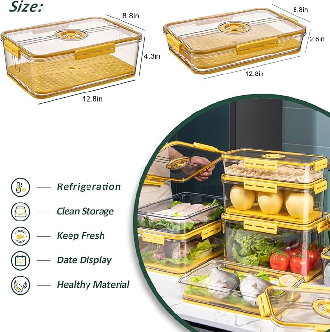 CottonColors Fridge Organizer, Food Storage Containers With Lids for Timer & Drain Board Stackable Refrigerator Organizers and Storage(Tall & Large, Small, 4.5 L + 2 L, 2 Pack)