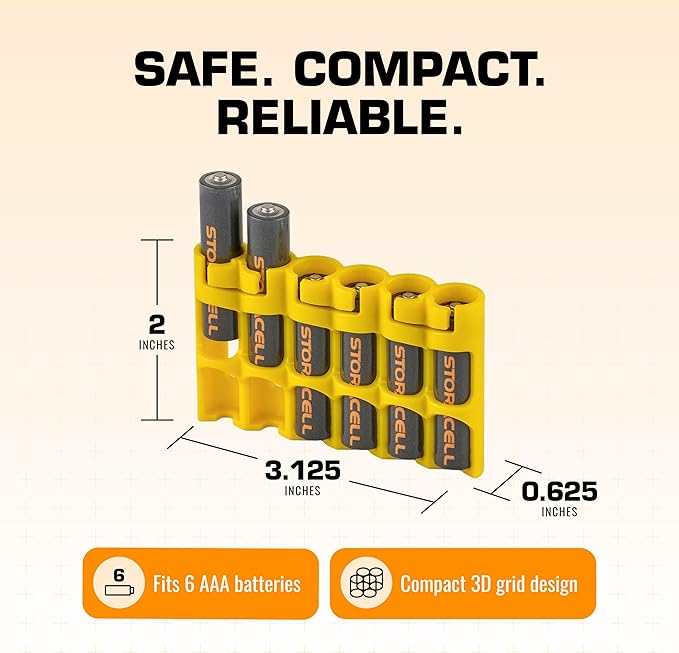 AAA Battery Storage Caddy by Storacell, Yellow, Holds 6 Batteries (Not included)