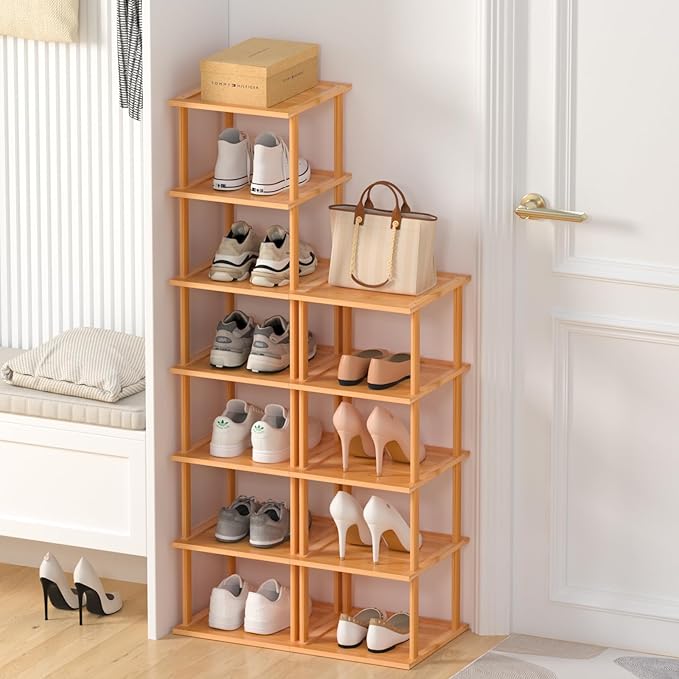 Bamboo Free Standing Shoe Rack Shelf Multi Tier Tall Wooden Stackable Shoes Rack Organizer for Closet Front Door Entrance Narrow Vertical Shoe Storage Rack for Corner Stand (Nature, 12 Tiers)