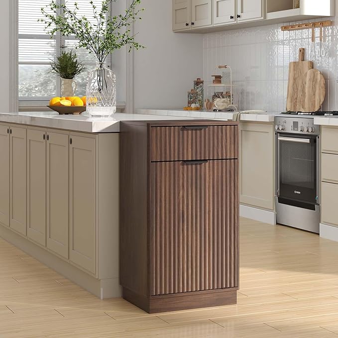 Tilt Out Trash Can Cabinet, Hidden Garbage Can Cabinet with Storage Drawers, Wave-Textured Front, 10 Gallon, Walnut