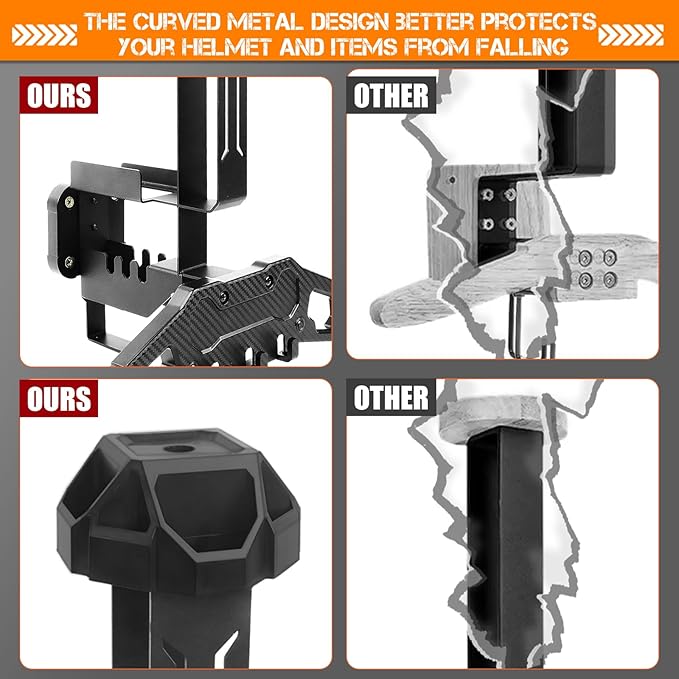 HLOGREE Motorcycle Helmet Holder Rack Wall Mount, Tactical Equipment, Metal Helmet Holder Mount with Hooks, 88lbs Load Capacity, for Motorcycles, Baseballs, Rugby, Military Equipment