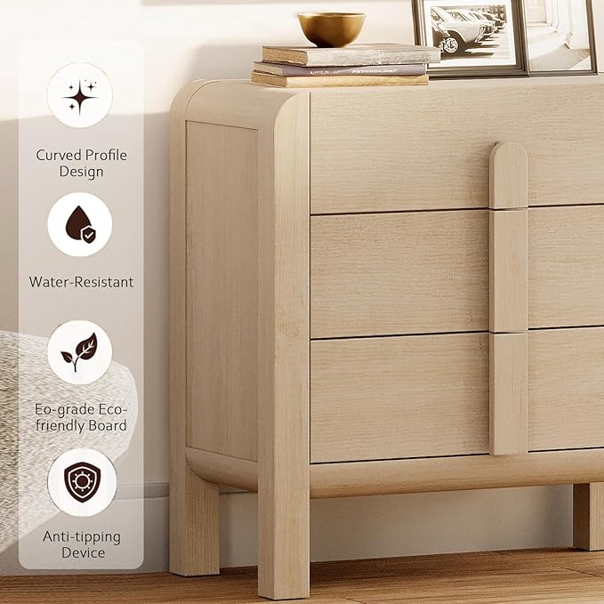 WAMPAT 3 Drawer Dresser for Bedroom,31.5" Wide Mid Century Modern Wide Chest of Drawer, Wood Tall Nightstand with Curved Edge Handles, Closet Dresser TV Stand for Bedroom, Beige