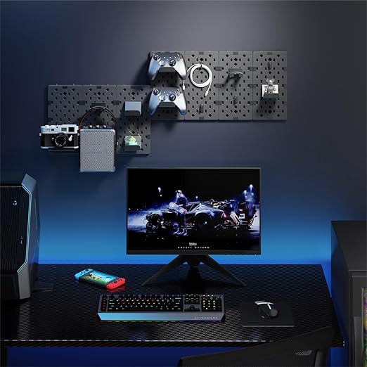 PEGZONE Controller and Headphone Holder Wall Mount, Modular Gaming Pegboard with Accessories, Controller Stand for Xbox PS5 PS4 Switch, Video Game Storage, Disc Shelf Organizer, 7pcs Pegboard, Black