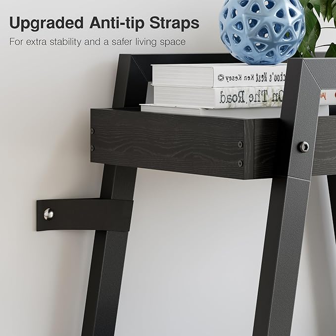 VECELO Ladder Shelf, 4-Tier Bookshelf with Enclosed Edges Design, Wooden Storage Rack Freestanding Bookcase for Living Room Home Office, Black