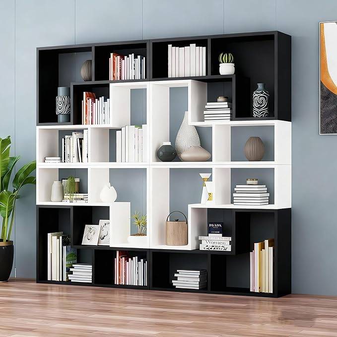Expandable Bookcase with Adjustable Width,Wooden Room Divider Bookshelf,Standing Display Storage Organizer for Living Room,Study Room or Home Office