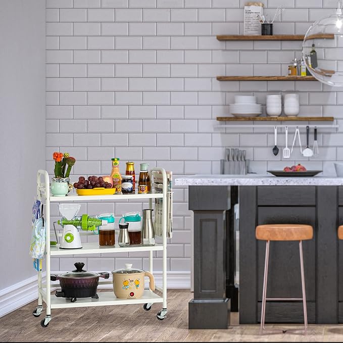 HDANI 3 Tier Metal Rolling Utility Cart,High Capacity Multi Purpose Heavy Duty Cart for Office,Kitchen,Living Room,Bedroom,White