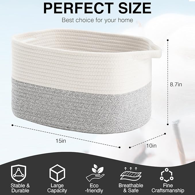 DUHEL Cotton Rope Woven Storage Basket, Used for Baby Hamper Toy Organizer, Gift Baskets Empty,Kids Laundry Basket,Baby Blanket Basket. Size 15x10x8.7 Inches. (White&Grey-3PCS)