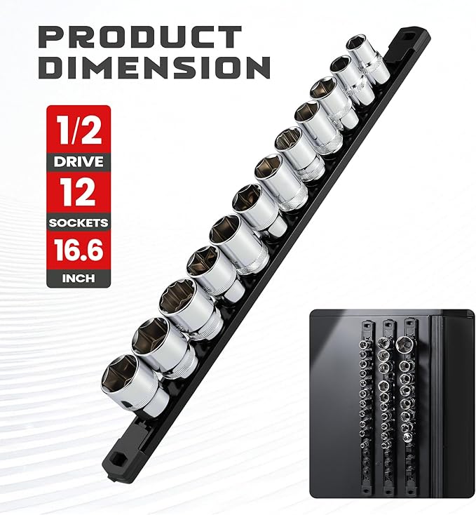 ALOANES 1/2-Inch Drive Magnetic Socket Organizer, Heavy Duty Aluminum Socket Rail Organizer, 360° Swivel Clips Socket Holder Kit for Tool Box, 1/2 Inch Socket Holder x 12 Clips (Black)