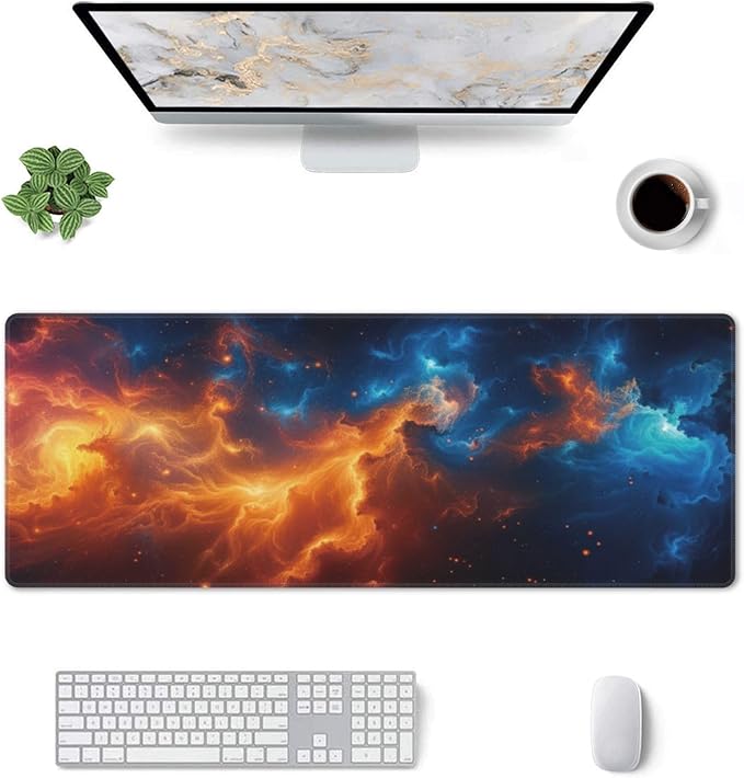 Cosmic Fire and Ice Nebula Large Mouse Pad, Gaming Desk Mat, XL Keyboard Desk Pad Mat for Desktop, 31.5"x11.8" Non-Slip Base Big Mousepad with Stitched Edges