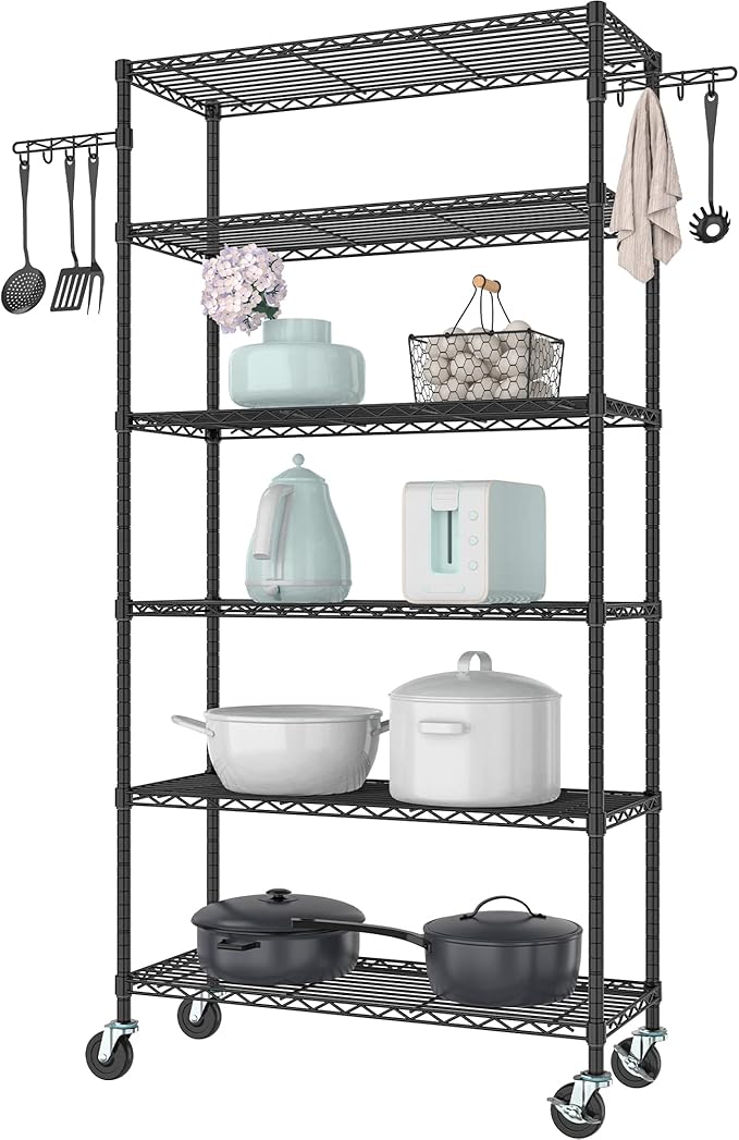 6-Tier Metal Storage Rack with Wheels, Sturdy Adjustable Wire Shelving Unit Rolling Shelf for Garage, Kitchen, Pantry, 36" W x 14" D x 75" H, Black