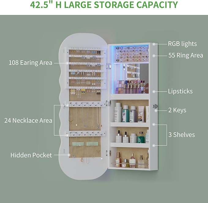HNEBC LED Mirror Jewelry Cabinet with RGB Lights,42.5" Wall Mounted Jewelry Organizer with Full-Length Mirror,Over The Door Hanging Jewelry Armoire Storage Cabinet,Lockable,Wide Wavy Mirror