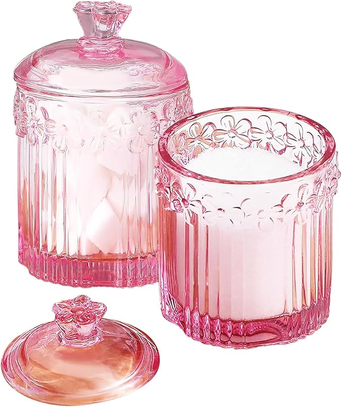 Pink Qtip Cotton Ball Hair Ties Candy Holder Makeup Storage Bathroom Accessories Organizer Thick Glass Apothecary Jars with Lid, 2pcs