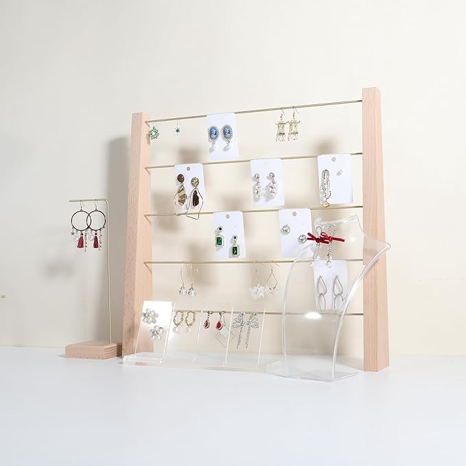 GemeShou 5 Tiers Beech Earring display stands for selling, Wooden Jewelry Shelf, Earring Storage Organizer, Brass earring holders with 30 PVC cards for stud Dangle Hoop【Beech 5-Tier】