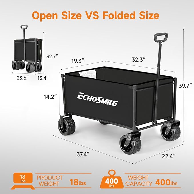EchoSmile Collapsible Wagon Cart for Camping & Beach - Heavy Duty 400lbs Capacity All-Terrain Cart with Wide Wheels, Portable Folding Utility Wagon for Grocery, Garden, Sports,Black