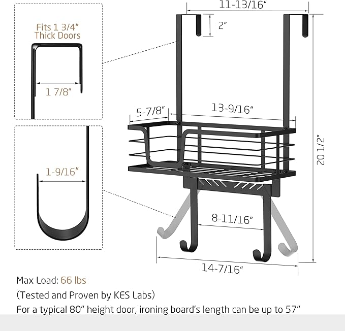 KES Over The Door Ironing Board Holder, Ironing Board Hanger for Laundry Room Organization and Storage Y and T Shaped Fits for 1 3/4 Doors Matte Black, HIR501B-BK