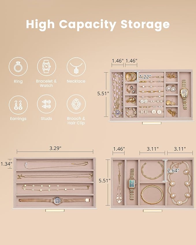 Lolalet Jewelry Box Organizer, 3-Layer Jewelry Organizers and Storage Case with Glass Lid, Ring Earring Bracelet Necklace Holder Organizer, Birthday Christmas Gifts for Women Girls -3Layer, Beige