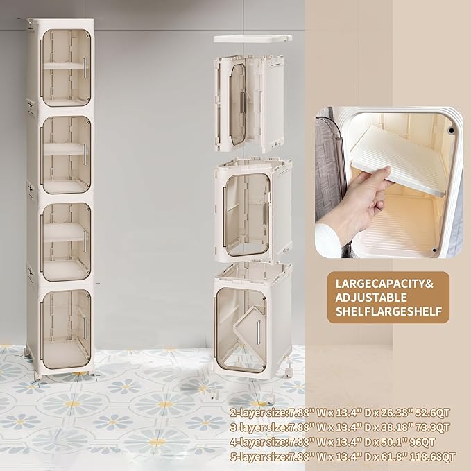 Narrow Bathroom Storage Cabinet with Wheels,5-Tier Plastic Slim Organizer with Adjustable Shelves for Small Spaces,Bathroom, Kitchen, Laundry,Milky White