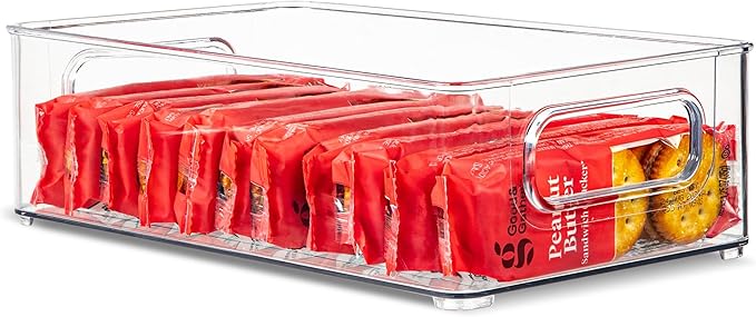 primebox Plastic Food Storage Clear Container Bin with Handles for Organizing Kitchen, Pantry, Refrigerator, Freezer, Pantry, Cabinet, Closet, Bathroom. Stackable 10”x6”x3”